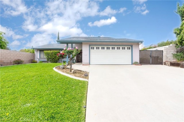 ranch-style home with driveway, a gate, fence, a front lawn, and an attached garage