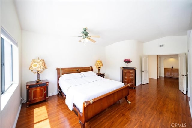 2830 Mount Niguel Cir, Corona, CA 92882 - bedroom featuring visible vents, wood finished floors, baseboards, ceiling fan, and vaulted ceiling
