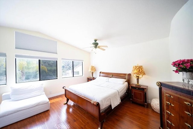 2830 Mount Niguel Cir, Corona, CA 92882 - bedroom featuring vaulted ceiling, baseboards, a ceiling fan, and dark wood-style flooring