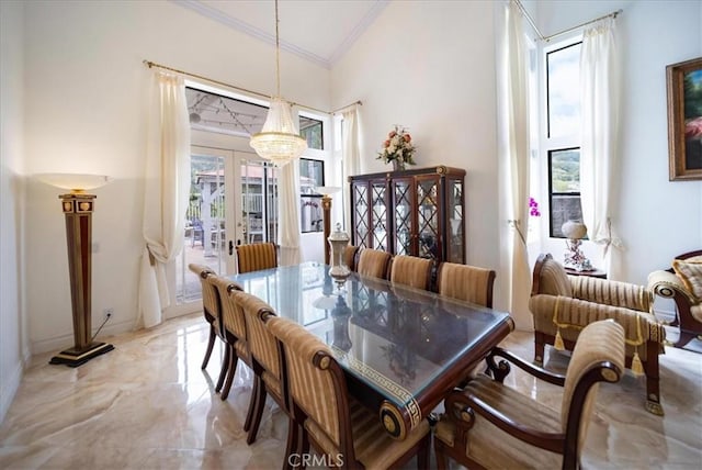 2830 Mount Niguel Cir, Corona, CA 92882 - dining room with crown molding, high vaulted ceiling, french doors, and marble finish floor