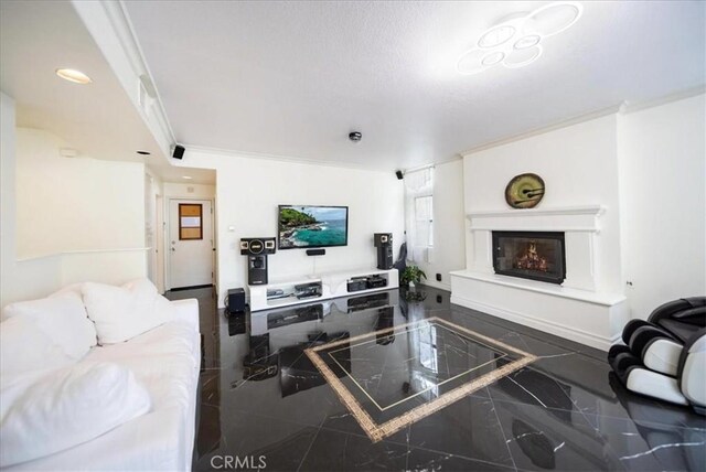 2830 Mount Niguel Cir, Corona, CA 92882 - living room featuring ornamental molding and a warm lit fireplace