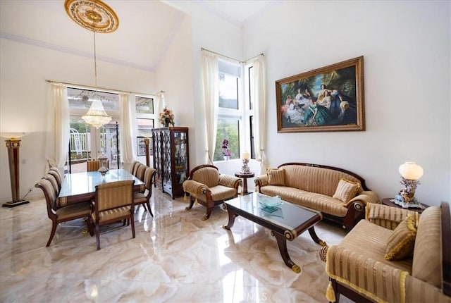2830 Mount Niguel Cir, Corona, CA 92882 - sitting room with crown molding, vaulted ceiling, and marble finish floor