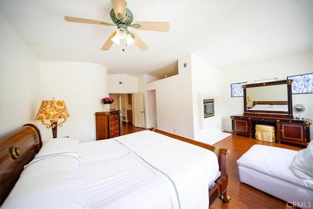 2830 Mount Niguel Cir, Corona, CA 92882 - bedroom featuring a ceiling fan, wood finished floors, and lofted ceiling