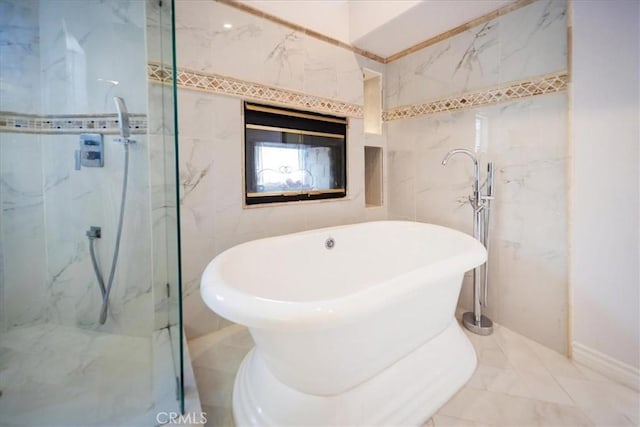 2830 Mount Niguel Cir, Corona, CA 92882 - full bathroom featuring a marble finish shower, tile walls, and a soaking tub