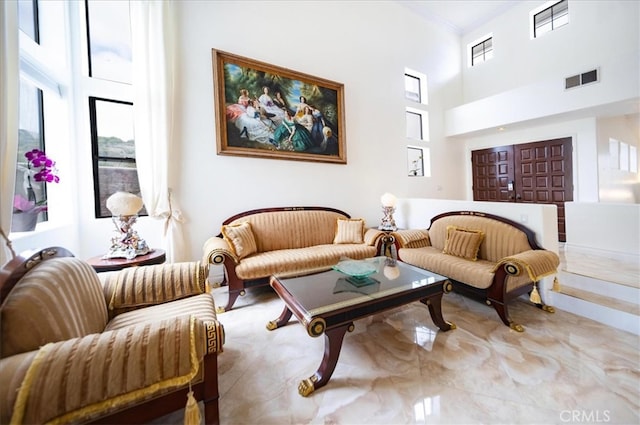2830 Mount Niguel Cir, Corona, CA 92882 - living area featuring a high ceiling and visible vents