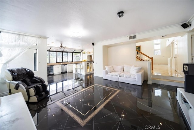 2830 Mount Niguel Cir, Corona, CA 92882 - living room featuring visible vents, marble finish floor, a healthy amount of sunlight, baseboards, and stairway