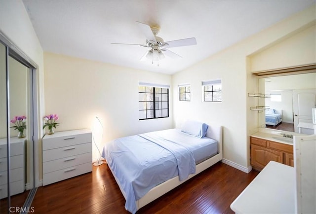 2830 Mount Niguel Cir, Corona, CA 92882 - bedroom with a closet, baseboards, ceiling fan, dark wood finished floors, and vaulted ceiling