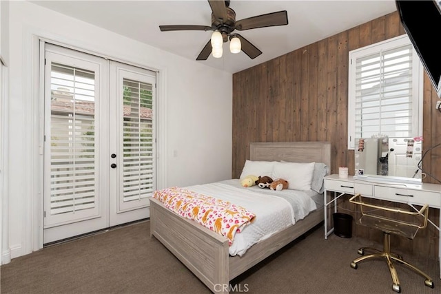 27014 Monterey Ave, Valencia, CA 91355 - bedroom featuring access to exterior, wood walls, carpet, french doors, and ceiling fan
