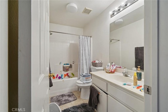 full bath featuring visible vents, tile patterned flooring, vanity, toilet, and shower / bathtub combination with curtain