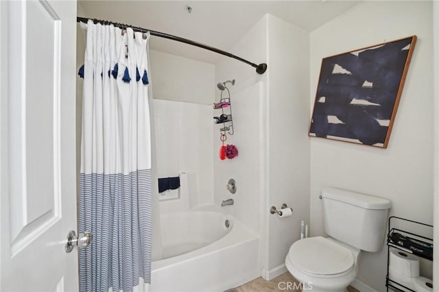 full bath featuring toilet, baseboards, and shower / bath combination with curtain