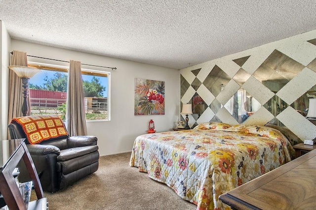 carpeted bedroom with a textured ceiling and baseboards