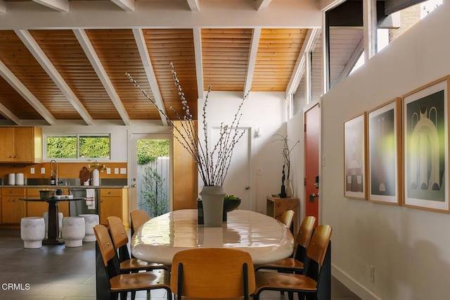dining area featuring beamed ceiling and wooden ceiling
