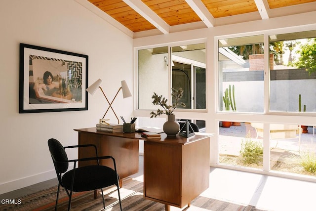 home office with vaulted ceiling with beams, baseboards, and wood ceiling