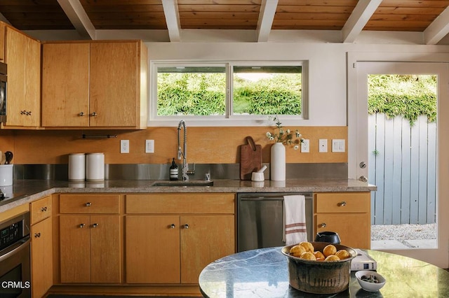 kitchen featuring a sink, beamed ceiling, wooden ceiling, and stainless steel appliances