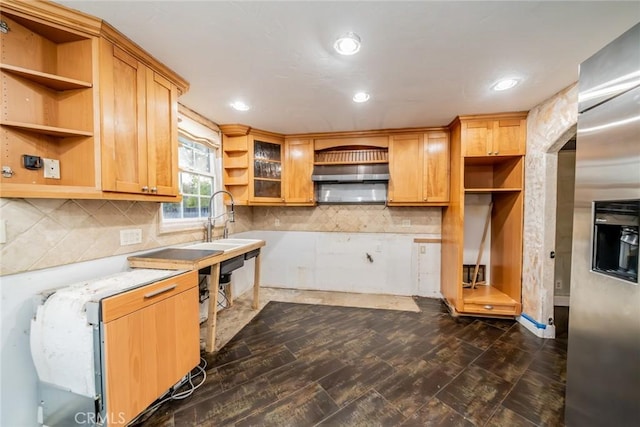 kitchen with tasteful backsplash, open shelves, light countertops, a sink, and recessed lighting