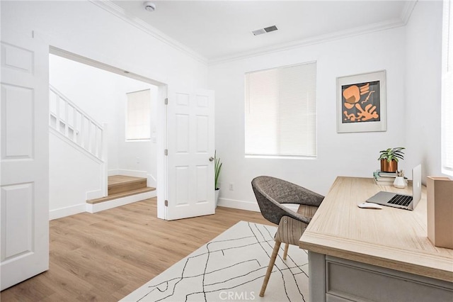 347 Beckes St, Wasco, CA 93280 - office with visible vents, ornamental molding, light wood finished floors, and plenty of natural light