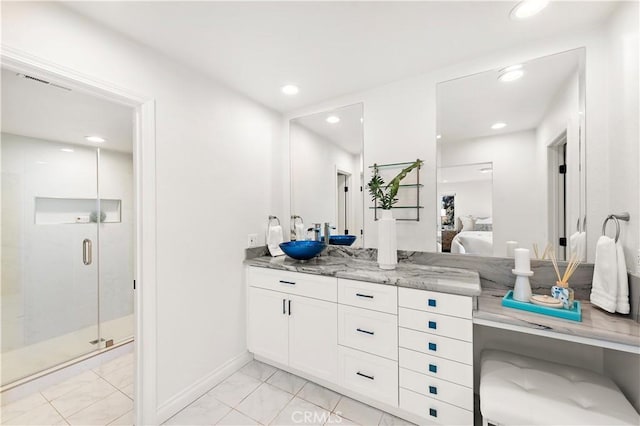 ensuite bathroom featuring connected bathroom, marble finish floor, recessed lighting, visible vents, and a stall shower