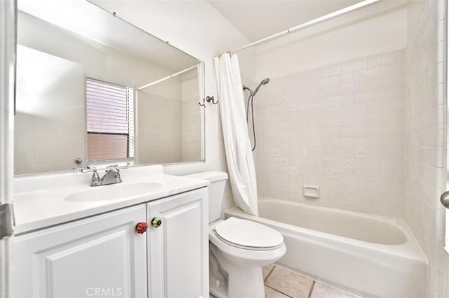 bathroom with shower / bath combo with shower curtain, toilet, tile patterned flooring, and vanity