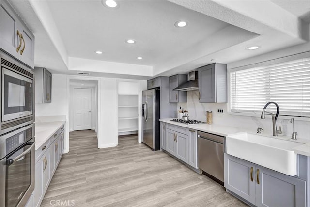 3118 Calle Grande, San Clemente, CA 92672 - kitchen featuring wall chimney range hood, appliances with stainless steel finishes, a sink, and gray cabinets