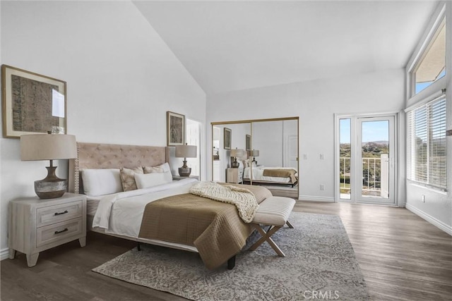3118 Calle Grande, San Clemente, CA 92672 - bedroom featuring a closet, baseboards, access to outside, high vaulted ceiling, and wood finished floors