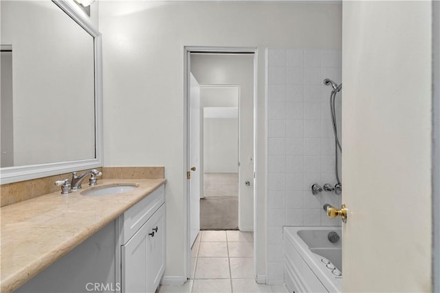 full bathroom featuring shower / bath combination, baseboards, tile patterned flooring, and vanity