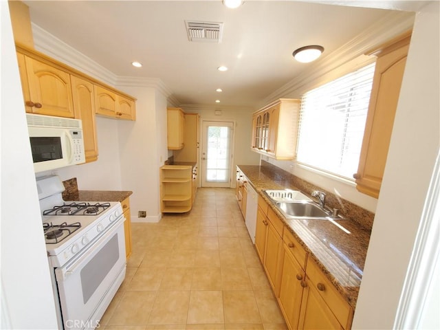 1741 Glenwood Rd, Glendale, CA 91201 - kitchen with white appliances, a sink, light brown cabinetry, ornamental molding, and recessed lighting