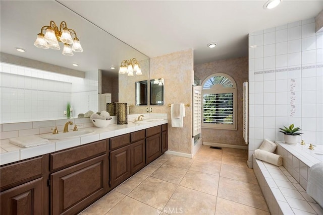 112 Morgan Ranch Rd, Glendora, CA 91741 - full bath featuring double vanity, a sink, baseboards, tile patterned floors, and an inviting chandelier