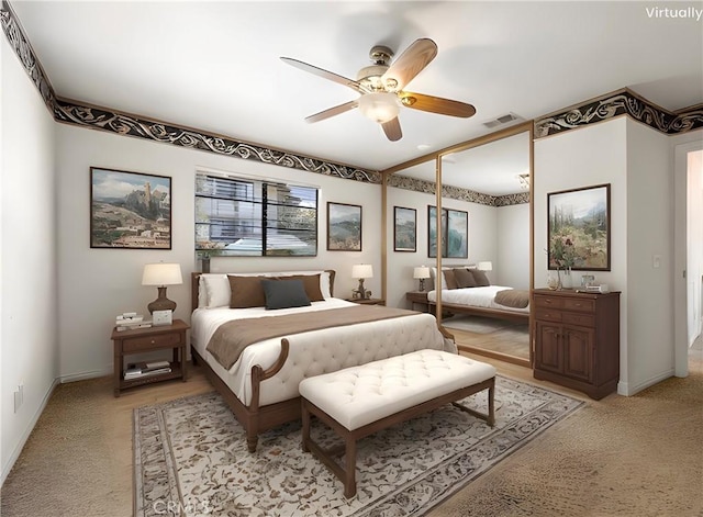 112 Morgan Ranch Rd, Glendora, CA 91741 - bedroom with light colored carpet, baseboards, a closet, and a ceiling fan