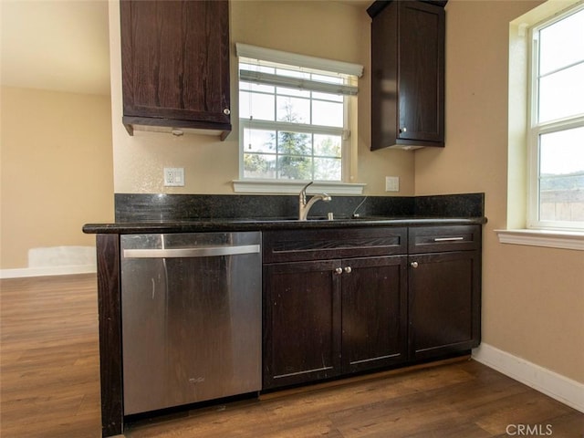 kitchen featuring a sink, plenty of natural light, dark brown cabinets, and dishwasher