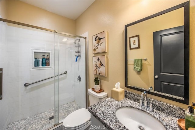 full bath featuring vanity, toilet, and a shower stall