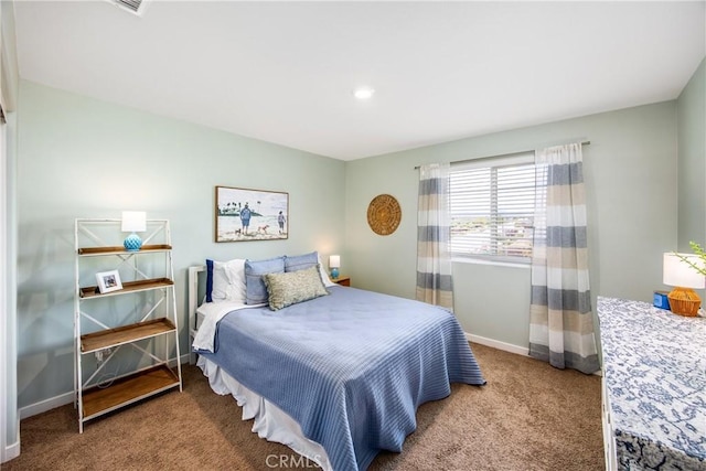 bedroom with carpet floors, baseboards, and recessed lighting