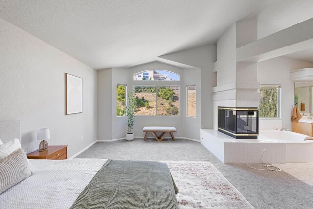 1366 Via Cibola, Oceanside, CA 92057 - bedroom with a fireplace, multiple windows, carpet, and lofted ceiling