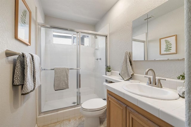 1366 Via Cibola, Oceanside, CA 92057 - bathroom with visible vents, a shower stall, vanity, toilet, and a textured wall