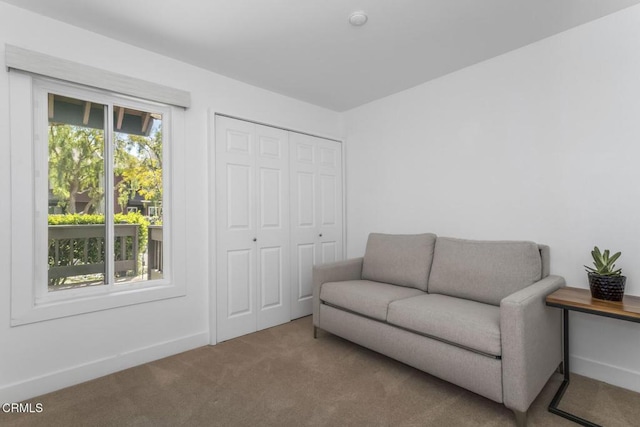 sitting room featuring carpet floors and baseboards