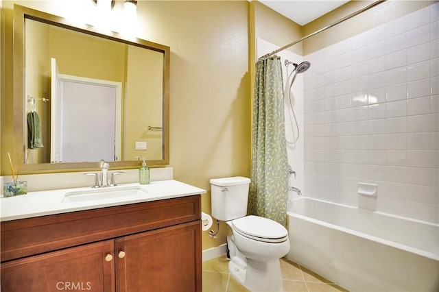 bathroom featuring tile patterned flooring, shower / bath combo with shower curtain, toilet, and vanity