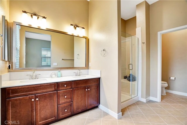 full bathroom with a sink, tile patterned flooring, a stall shower, and toilet