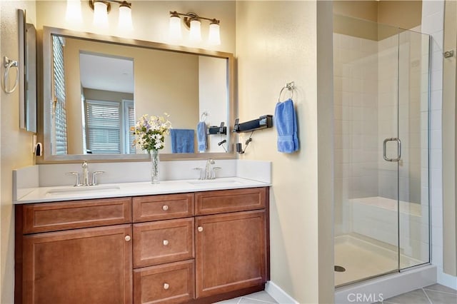 232 Village Commons Blvd Unit 21, Camarillo, CA 93012 - bathroom with a stall shower, double vanity, and tile patterned flooring