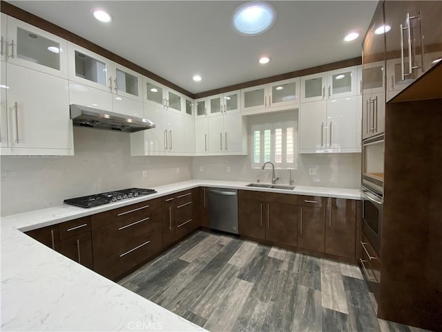 kitchen with white cabinets, dark brown cabinets, appliances with stainless steel finishes, a sink, and ventilation hood
