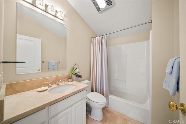 bathroom with vanity, toilet, shower / bath combination with curtain, vaulted ceiling, and visible vents