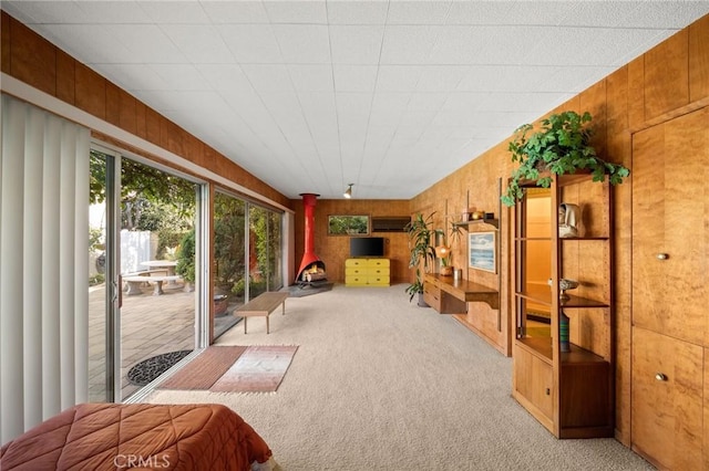 interior space featuring a wood stove