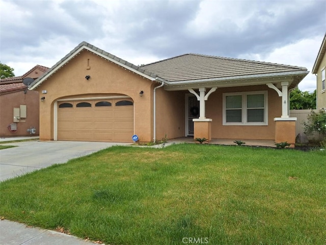 view of front facade featuring a front lawn, a garage, stucco siding, concrete driveway, and a tiled roof