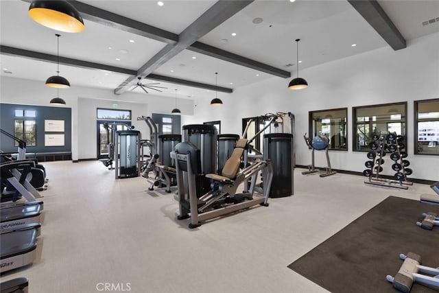 gym featuring a ceiling fan, baseboards, visible vents, and recessed lighting