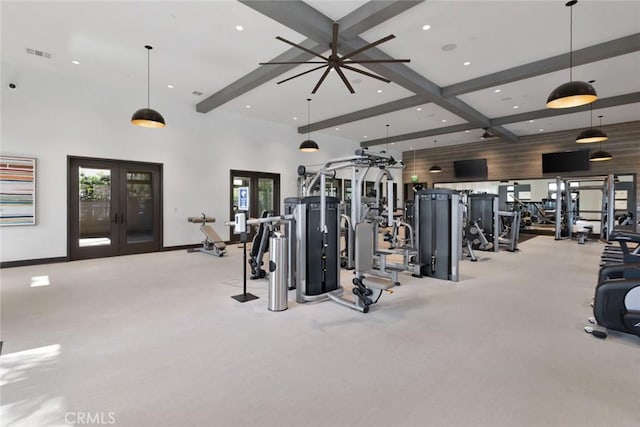 gym featuring french doors, visible vents, carpet floors, baseboards, and recessed lighting