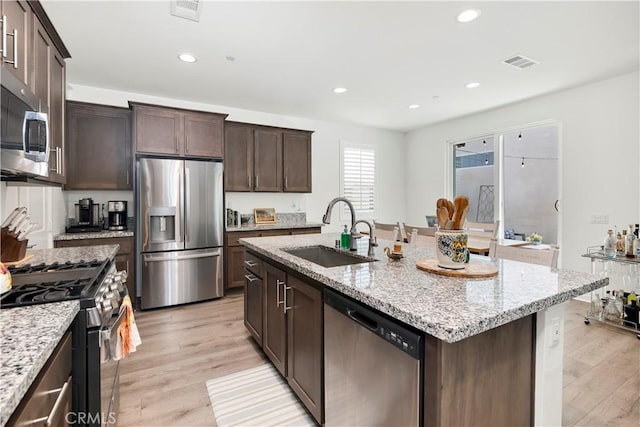 kitchen featuring visible vents, a sink, light wood-style flooring, and stainless steel appliances