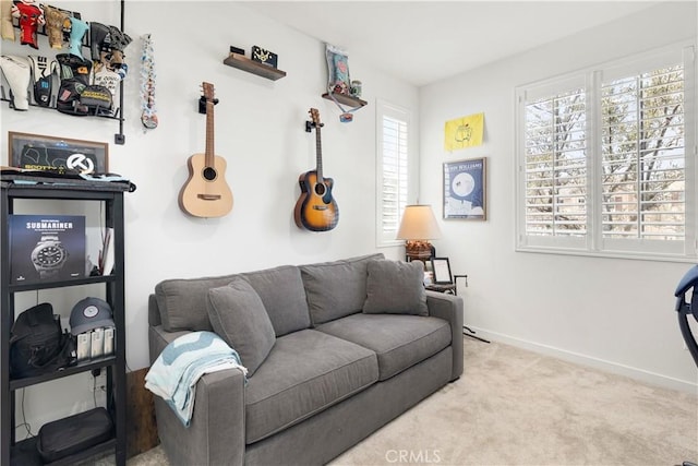 living area featuring baseboards and carpet