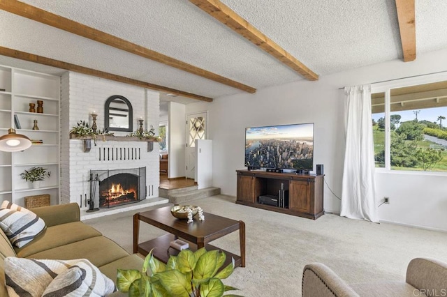 68256827 Kellyn Ln, Vista, CA 92084 - living room with carpet floors, beam ceiling, a brick fireplace, and a textured ceiling