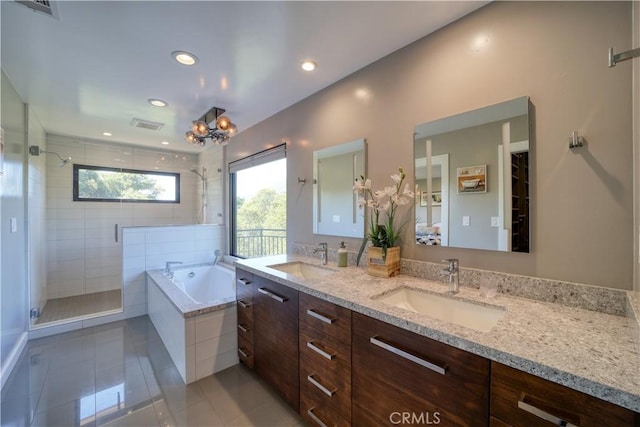 131 Serrano Hts, San Luis Obispo, CA 93405 - full bathroom with a bath, a shower stall, a sink, and tile patterned flooring