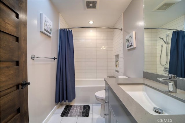 131 Serrano Hts, San Luis Obispo, CA 93405 - full bath with visible vents, shower / tub combo with curtain, vanity, toilet, and tile patterned floors