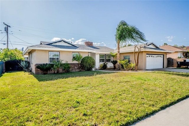 single story home with driveway, a garage, fence, a front lawn, and stucco siding
