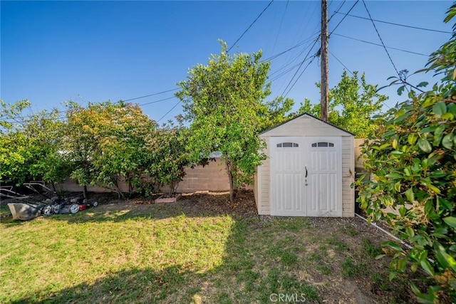view of shed with a fenced backyard